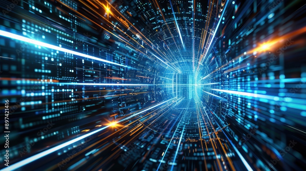Poster futuristic digital tunnel with vibrant lights and data streams, representing technology, speed and i