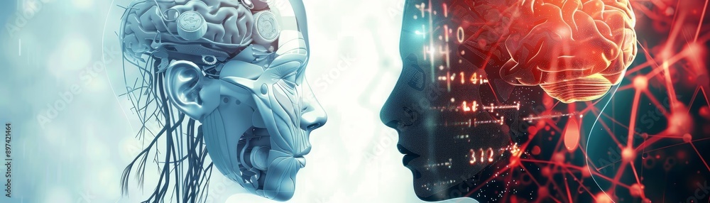 Poster futuristic image showing human and robot faces with neural connections, symbolizing artificial intel