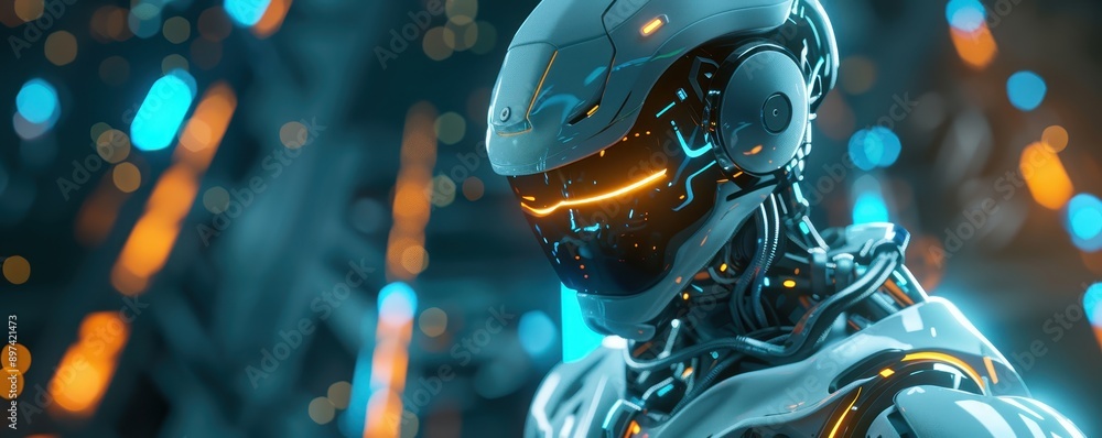 Poster futuristic humanoid robot with advanced technology and glowing blue and orange lights in a high-tech