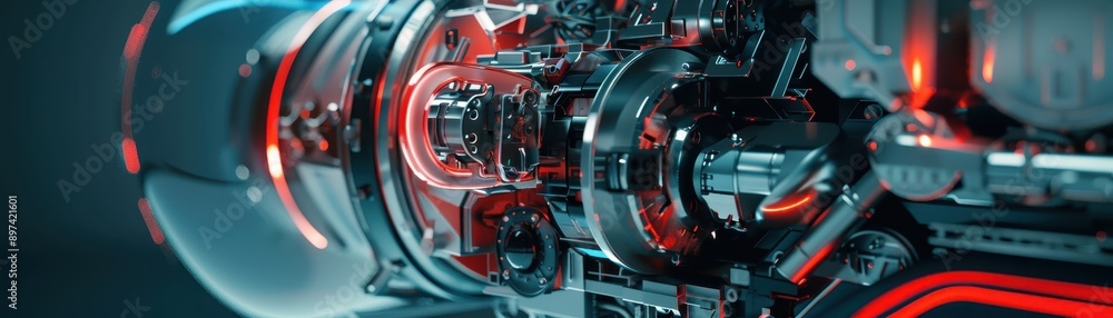 Poster futuristic mechanical device with intricate details and red neon lights, showcasing advanced technol