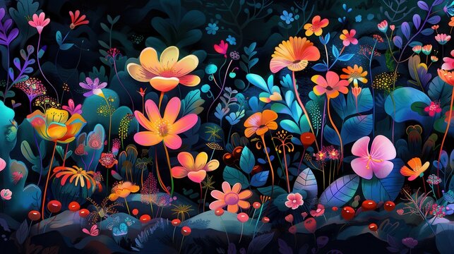 An illustration of whimsical organic shapes, playful curves, vibrant patterns, in a fantasy garden background