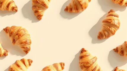 An illustrator artwork of minimal croissants pattern, soft pastel colors, simple and elegant design, croissants spread around the edges with free space in the center for text, ligh