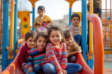 Obraz premium Children of different ethnic groups and nationalities play together on the playground in a friendly and joyful atmosphere