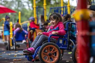 Children with disabilities play together with other children, an inclusive playground