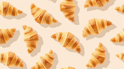 Fototapeta premium An illustrator artwork of minimal croissants pattern, soft pastel colors, simple and elegant design, croissants spread around the edges with free space in the center for text, ligh