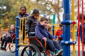 Children with disabilities play together with other children, an inclusive playground