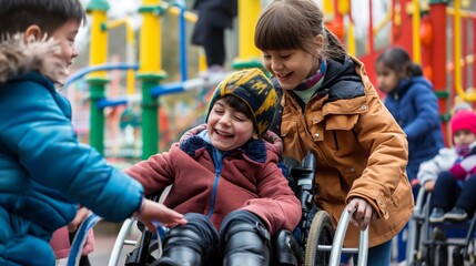 Children with disabilities play together with other children, an inclusive playground