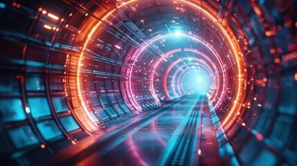 Fototapeta premium Futuristic, neon-lit tunnel with vibrant lights and glowing patterns, evoking a sense of science fiction and advanced technology.