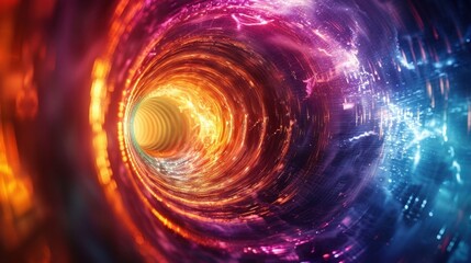 Vivid abstract representation of a tunnel or wormhole with vibrant neon colors merging in a spiral pattern, symbolizing motion and energy.