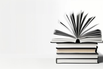 Books Stacked with Open Pages Fanning Out. Black and White Theme.