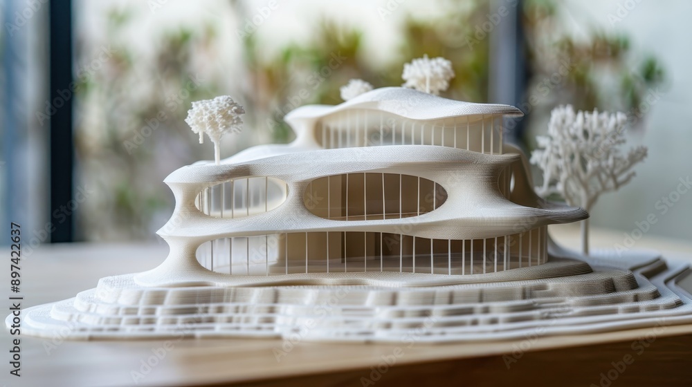 Poster modern 3d architectural model of an innovative building with unique curves and trees on top, designe