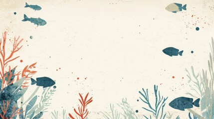 An illustrator artwork of minimal fish and corals pattern, soft pastel colors, simple and elegant design, fish and corals spread around the edges with free space in the center for