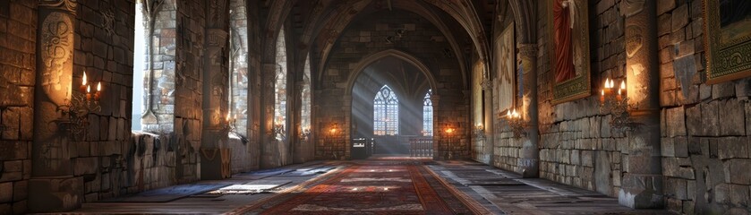 Obraz premium Medieval castle hallway with vaulted ceiling, stone walls, and stained glass windows, illuminated by sunlight and wall-mounted torches.