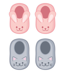 Cute pink bunny slippers and cat slippers. Soft and cozy house slippers with rabbit bunny face and kitten face. Vector illustration