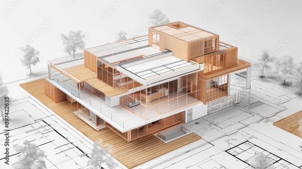 Poster modern architectural model showcasing a contemporary house design with detailed structural elements 