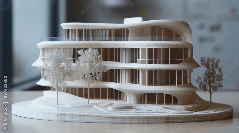 Poster modern architectural model of a contemporary building design showcasing curved lines and minimalisti