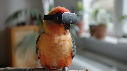 A small parrot wearing a virtual reality headset sits perched on a branch in a home setting.