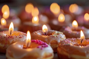 Birthday candles burning on delicious donuts with colorful sprinkles creating a festive atmosphere