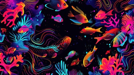 An illustrator artwork of minimal fish and corals pattern, soft pastel colors, simple and elegant design, fish and corals spread around the edges with free space in the center for