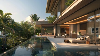 Fototapeta premium Modern luxury villa with infinity pool and lush surroundings, offering a serene retreat with stunning views and elegant outdoor living spaces.