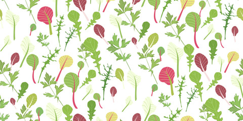 Mix of salad leaves. Cartoon set of green red raw leaves seamless pattern. Arugula, spinach, lettuce leaf, watercress. Organic vitamin ingredients for cooking healthy food. Vector illustration