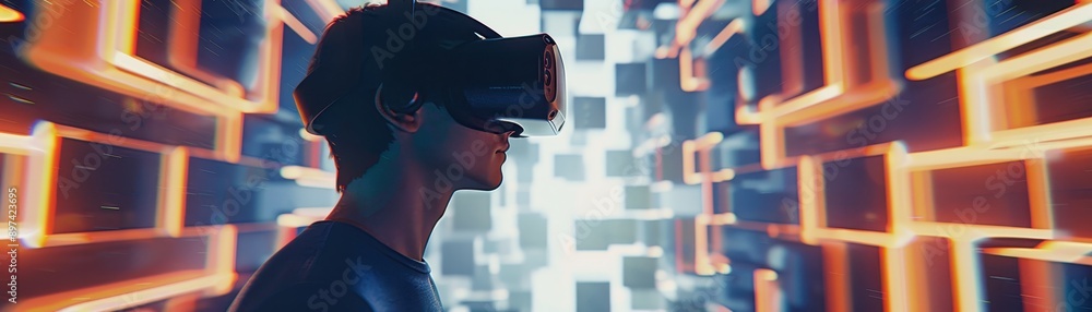 Poster person experiencing a virtual reality simulation with vr headset, surrounded by a futuristic digital