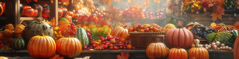 Naklejka premium A farmers market overflowing with pumpkins, gourds, and other autumn harvest vegetables and fruits. Generative AI
