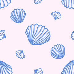 Elegant seamless vector pattern of blue abstract seashells in hand drawn style. Summer-themed beach designs and coastal decorations. Ideal for wallpaper, textile, poster, notebook cover.