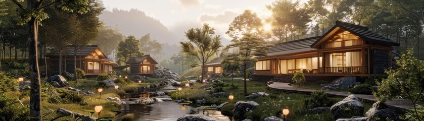 Scenic view of a tranquil forest setting with cozy wooden cabins near a gentle stream at sunset, surrounded by lush greenery and illuminated softly.