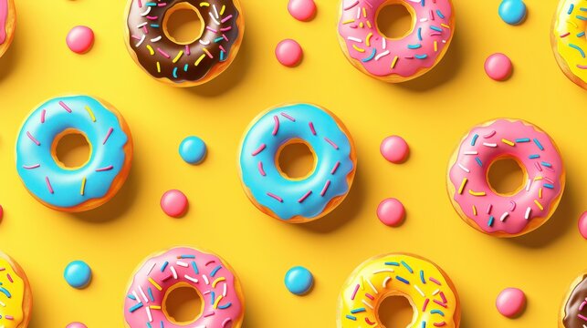 An illustrator design of a doughnut pattern, vibrant colors, with free space for text in the center, near a solid color background