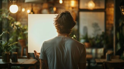 A man is standing in front of a white board with a blank space on it