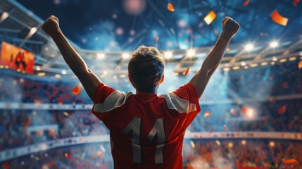 A man in a red jersey with the number 11 on it is celebrating in a stadium