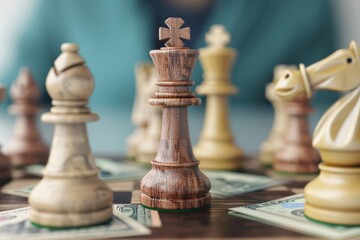 Economic strategy, chessboard with currency, 3D illustration, planning concept, copy space
