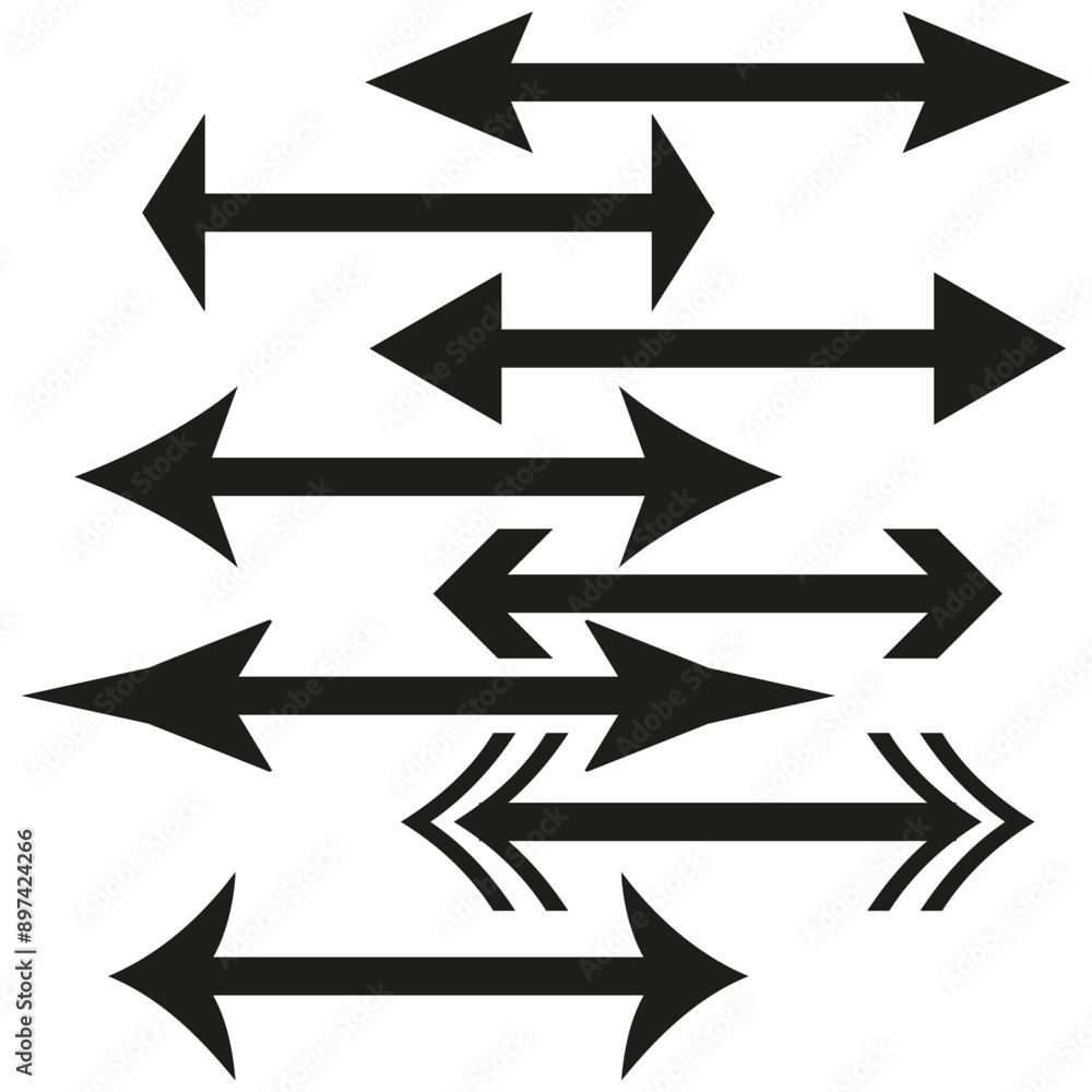 Poster vector arrow set. diverse arrow designs. black directional icons. horizontal and curved styles.