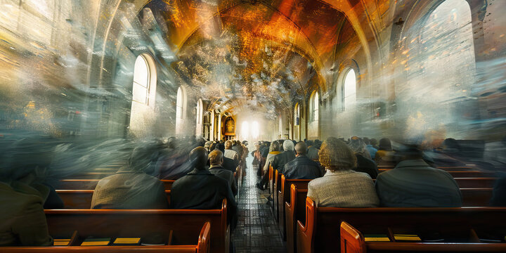 Gathering Place of Souls: Pews filled with worshippers, united in prayer beneath a soaring domed ceiling
