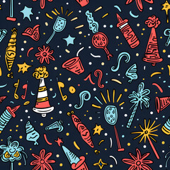 2D illustrated New Year card in a cute graphic style seamless pattern.