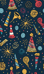 2D illustrated New Year card in a cute graphic style seamless pattern.