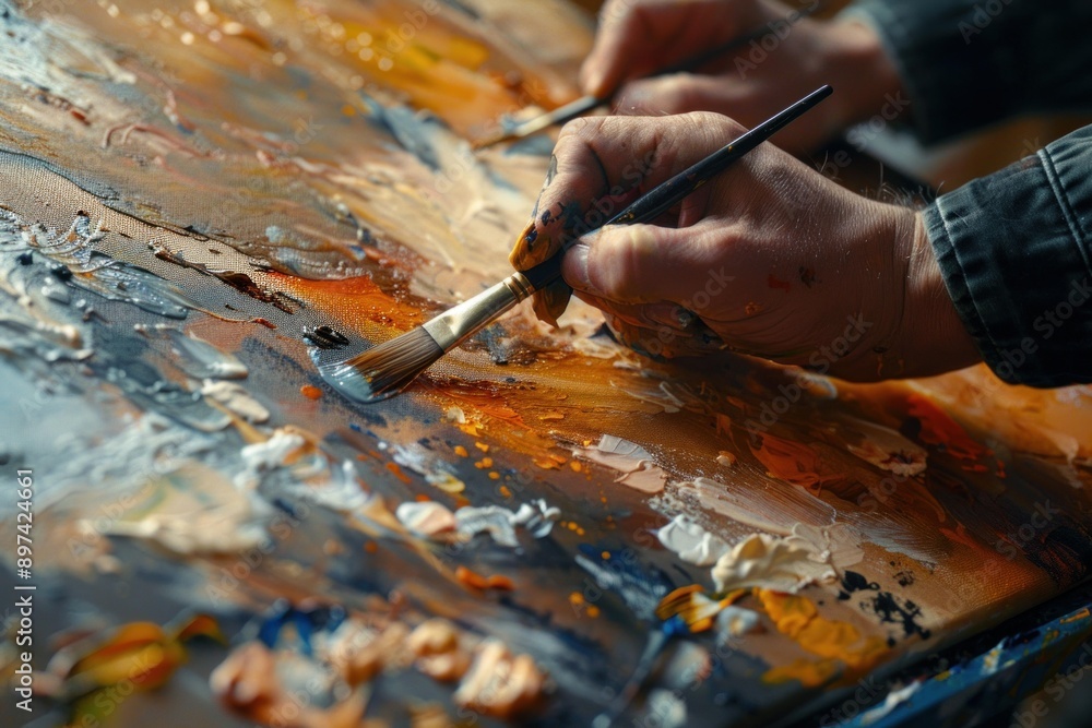 Poster artist is working on an abstract painting, using bold strokes of color to create a dynamic and expre