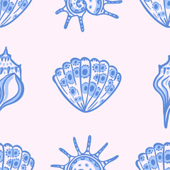 Elegant seamless vector pattern of blue abstract seashells in hand drawn style. Perfect for summer-themed beach designs and coastal decorations. Ideal for wallpaper, textile, poster, notebook cover.