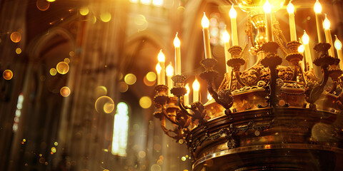 Torch of Enlightenment: An antique chandelier, its golden light illuminating the carved wooden pulpit where a priest delivers a sermon