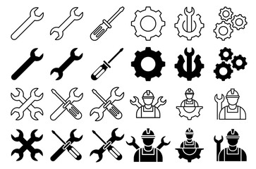 Service tools vector icons set. repair or maintenance settings sign.