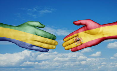 Spain and Gabon country handshaking with flags, consensus concept international co-operation illustration