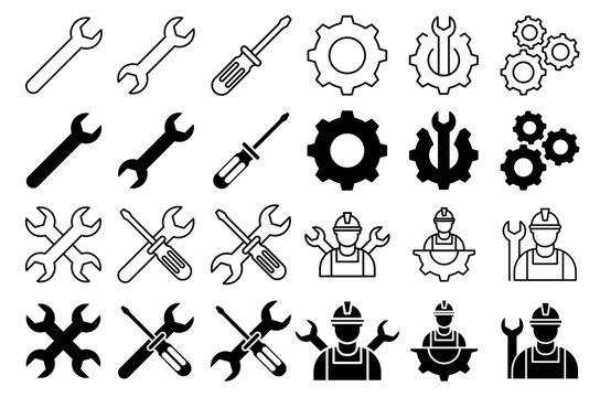 Service tools vector icons set. repair or maintenance settings sign.
