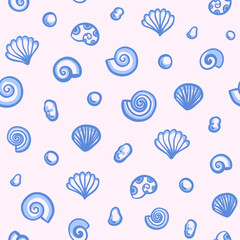 Elegant seamless vector pattern of blue small seashells in hand drawn style. Perfect for summer-themed beach designs and coastal decorations. Ideal for wallpaper, textile, poster, notebook cover.