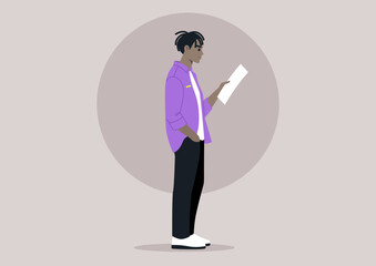 A person stands alone, engrossed in reading a letter, a serene and introspective moment