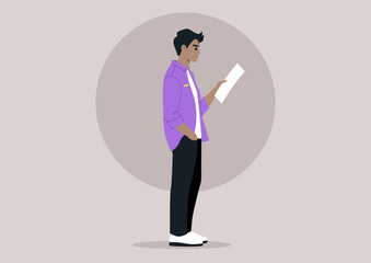 A person stands alone, engrossed in reading a letter, a serene and introspective moment