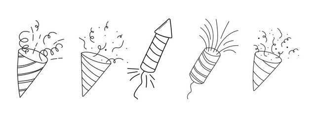 Naklejka premium Fireworks and rocket, salute with burst, light and festive explosions in doodle style. Hand drawn sparks, firecracker on white background. Party, celebrations, event.
