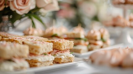 An arrangement of gourmet finger sandwiches delicately prepared for an elegant tea party, complemented by soft floral decor and an inviting, sophisticated atmosphere.