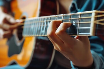 Obraz premium Guitarist is carefully placing fingers to form a chord on an acoustic guitar