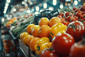 Realistic close-up of fresh produce at a vibrant farmers market